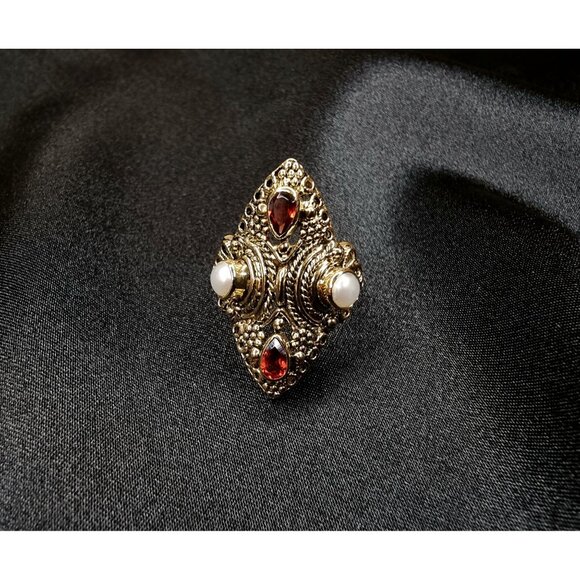 Vintage India 925 Sterling Silver Ring With Garnet & Faux Pearls Ornate Boho Jew - Picture 4 of 5